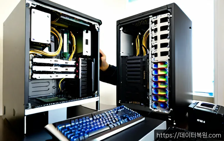 잠원동 하드조립 및 교체수리 - Photorealistic PC hardware technician assembling a powerful desktop tower on a clean workstation, in...