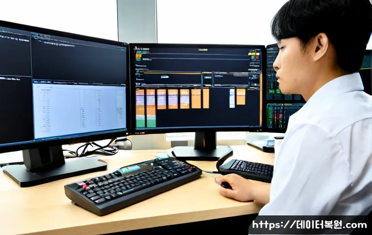신공덕동 STATUS_PAGE_FAULT - Photorealistic IT support workstation in a compact Mapo-style office, dual monitors showing a blank ...