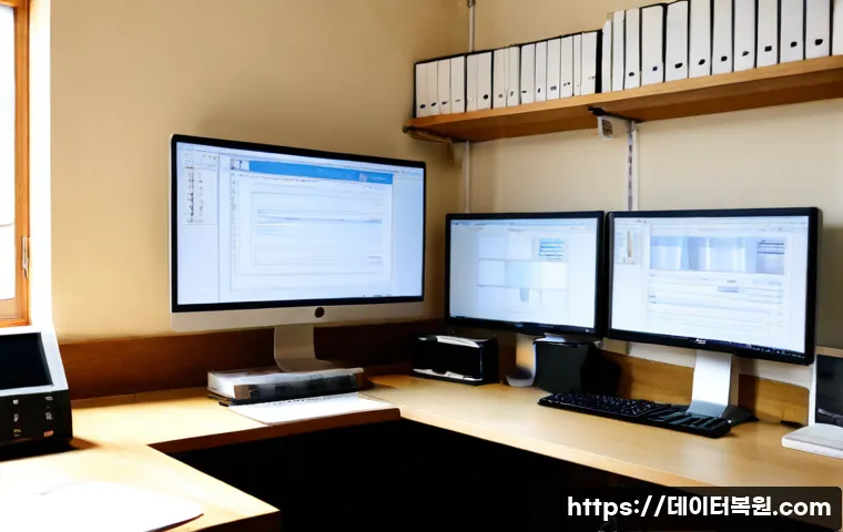 사간동 STATUS_FILE_IN_USE - Photorealistic software support workstation in a quiet historic arts district office, dual monitors ...