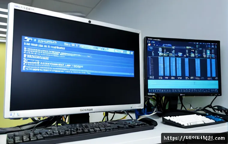 용산구 CRITICAL_PROCESS_DIED - Photorealistic IT support workstation in Yongsan electronics district, dual monitors showing a blank...