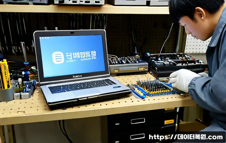 화곡동 맥북에어 판매 및 수리 - Photorealistic compact laptop repair bench in a quiet Hwagok-dong electronics workshop, silver ultra...