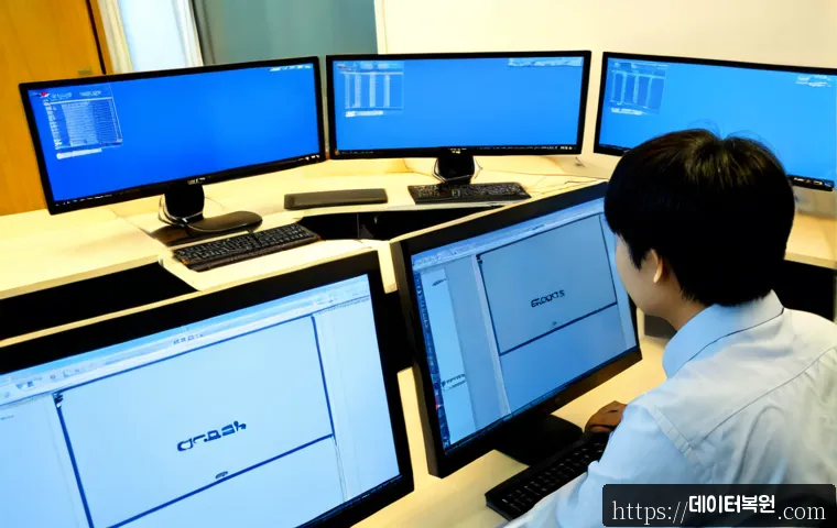 의주로 PAGE_TABLE_CORRUPT - Photorealistic IT support workstation in a modern Euijuro office, dual monitors showing a non-readab...