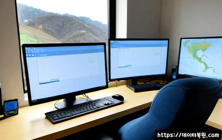 서대문구 PAGE_TABLE_CORRUPT - Photorealistic remote-support workstation in a compact Seodaemun apartment office, dual monitors sho...