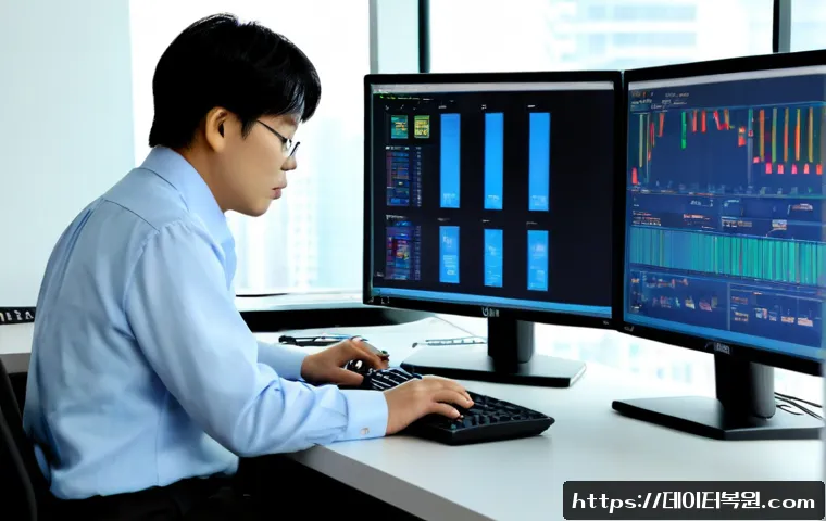 일직동 KMODE_EXCEPTION_NOT_HANDLED - Photorealistic IT support workstation in a modern Gwangmyeong business district office, dual monitor...