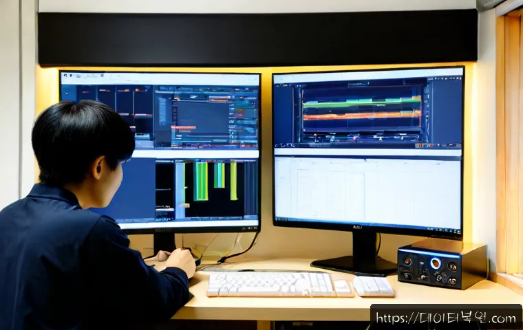 상수동 신호없음 - Photorealistic IT support workstation in a compact Sangsu neighborhood studio, dual monitors showing...