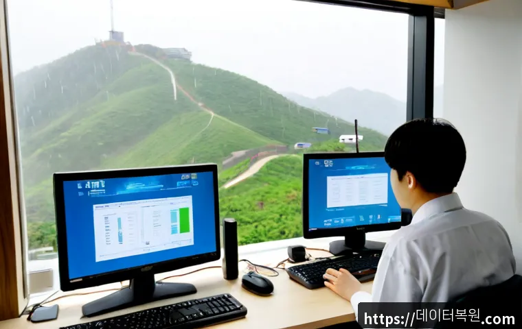 서림동 STATUS_RESOURCE_NOT_OWNED - Photorealistic remote-support workstation in a compact Seoul apartment office, dual monitors showing...