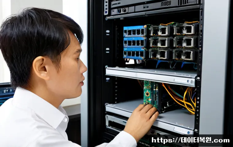 와룡동 server출장방문수리점 - Photorealistic on-site server repair in a compact Waryong-dong office, technician replacing a hot-sw...