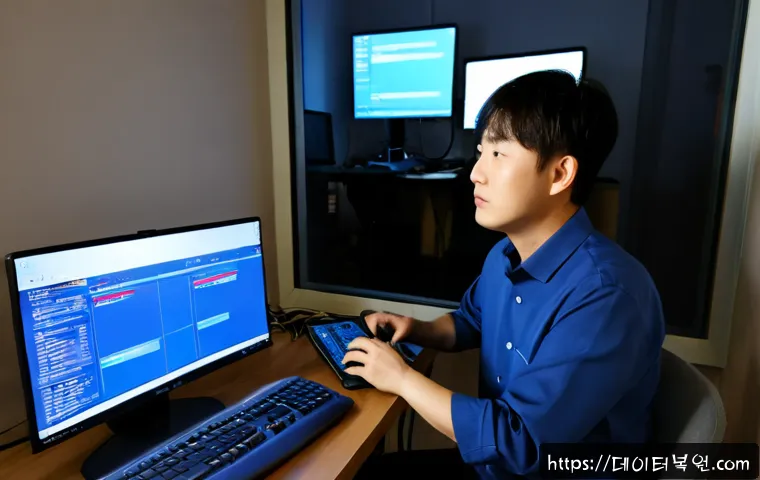 대방동 DRIVER_VERIFIER_DETECTED_VIOLATION - Photorealistic IT support workstation in Daebang-dong, Seoul, dual monitors showing a blue system cr...