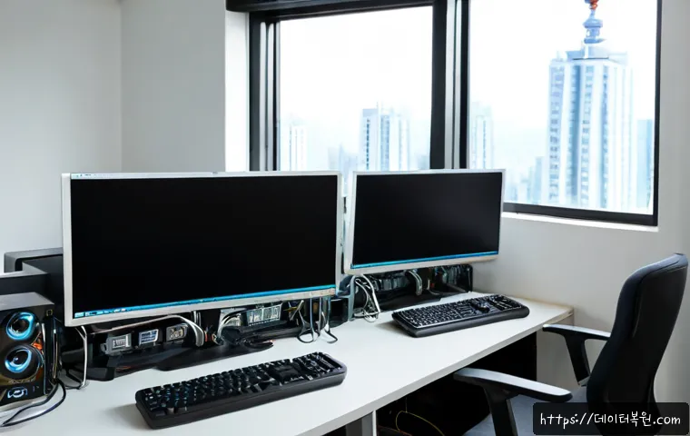상계동 STATUS_INVALID_DEVICE_REQUEST - Photorealistic IT support workstation in a Sangye-dong apartment office, dual monitors showing a cle...