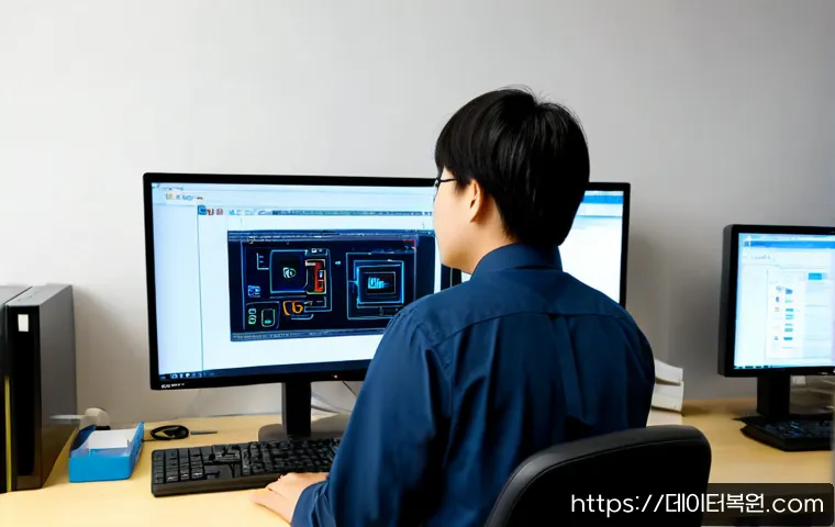 덕은동 DEVICE_DRIVER_MISMATCH - Photorealistic IT support workstation in a modern Deogeun-dong office, engineer connecting a compact...