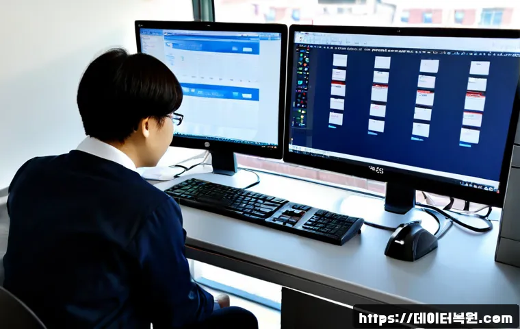 필운동 STATUS_FILE_IN_USE - Photorealistic IT support workstation in a quiet Pilun-dong office, dual monitors showing a modern f...