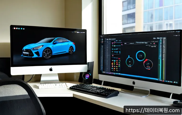 도화동 DEVICE_DRIVER_MISMATCH - Photorealistic IT support workstation in a compact Dohwa-dong office, dual monitors showing abstract...