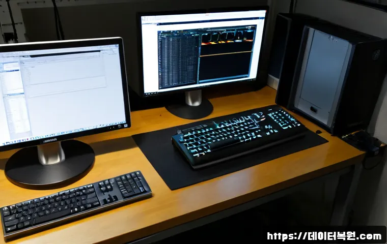 입정동 STATUS_SYSTEM_PROCESS_TERMINATED - Photorealistic remote-support workstation in a compact metalworking studio, dual monitors showing a ...
