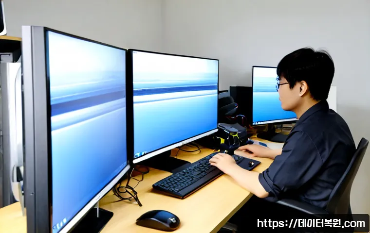 장교동 STATUS_DISK_CORRUPTION - Photorealistic IT support workstation in a compact office near Janggyo-dong, Seoul, dual monitors sh...