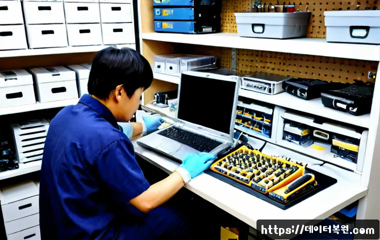 동산동 맥북프로 판매 및 수리 - Photorealistic computer repair workstation in a compact Dongsan-dong electronics shop, unbranded sil...