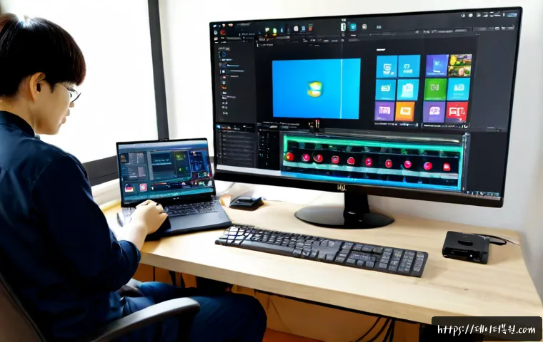 상계동 pc복구중 - Photorealistic desktop PC recovery in progress at a compact home office in Sanggye-dong, technician ...
