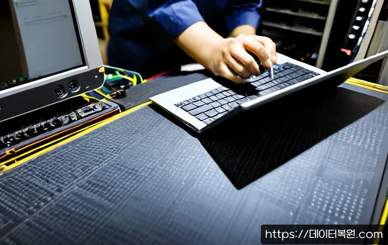 산림동 맥북프로 판매 및 수리 - Photorealistic premium laptop repair workshop in a compact Seoul electronics district, technician ca...