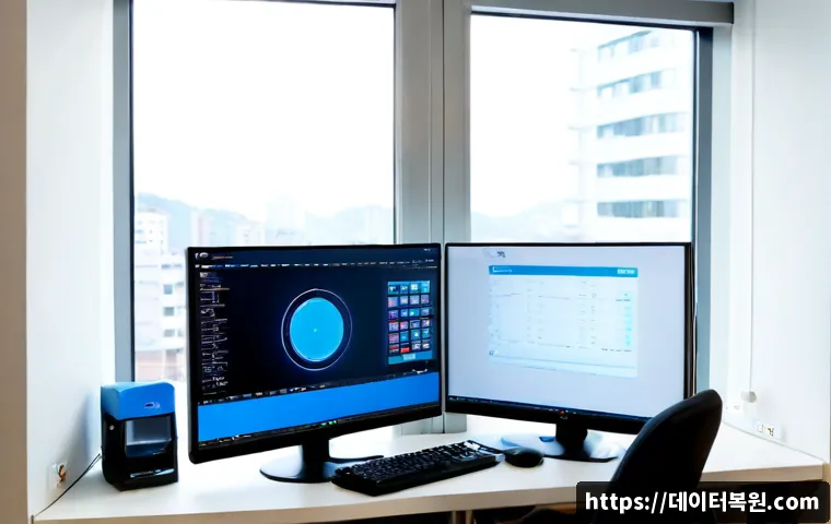 쌍문동 SYSTEM_THREAD_EXCEPTION_NOT_HANDLED - Photorealistic IT support workstation in a compact Ssangmun-dong apartment office, dual monitors sho...