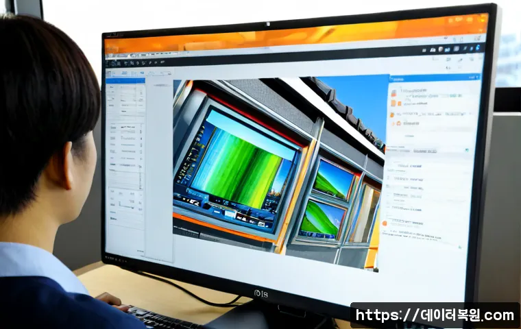 충신동 STATUS_IMAGE_CORRUPTION - Photorealistic IT support workstation in a compact Jongno district office, dual monitors showing abs...