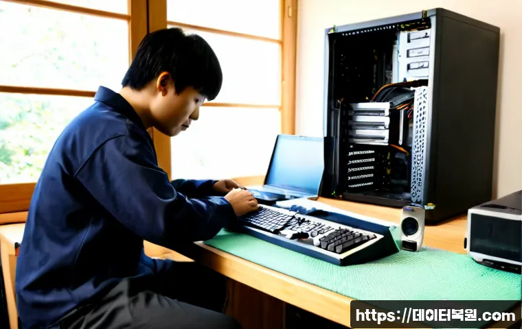 가회동 RAM조립 및 교체수리 - Photorealistic computer repair workstation in a quiet Gahoe-dong home office, technician carefully i...