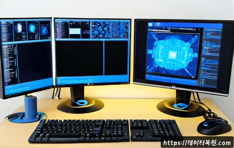 경기광주 UNEXPECTED_KERNEL_MODE_TRAP - Photorealistic IT support workstation in Gyeonggi Gwangju, dual monitors showing abstract blue diagn...