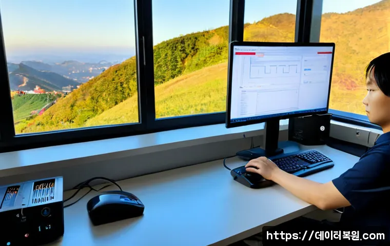 현저동 STATUS_NETWORK_ACCESS_DENIED - Photorealistic IT support workstation in a compact office near a quiet hillside neighborhood, dual m...