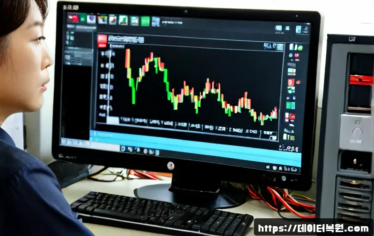 회덕동 STATUS_DISK_FULL - Photorealistic office workstation in Hoedeok-dong, Daejeon, a stressed engineer using a desktop comp...
