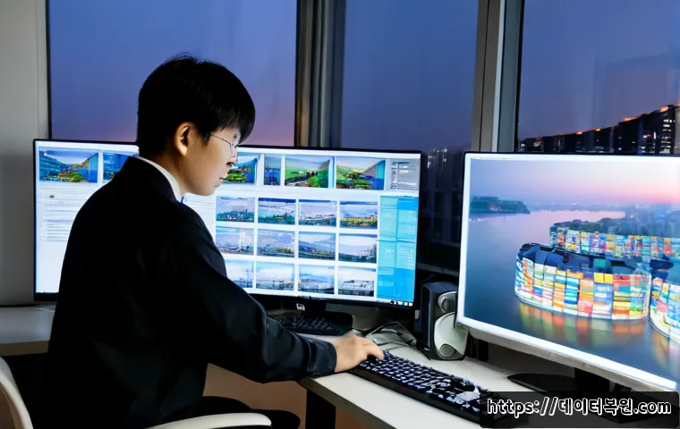 반포동 STATUS_DISK_CORRUPTION - Photorealistic IT support workstation in a high-rise Banpo apartment office, dual monitors showing a...
