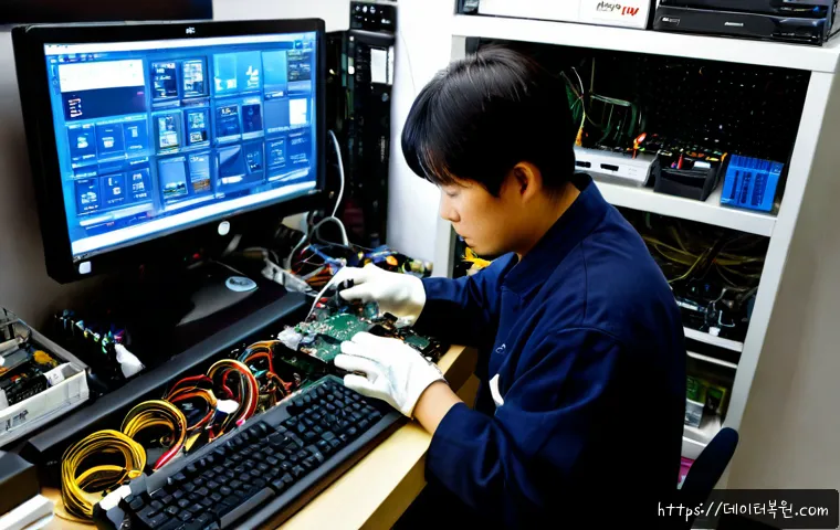 체부동 그래픽카드조립 및 교체수리 - Photorealistic computer repair workstation in a compact Seobu-dong style electronics shop, technicia...