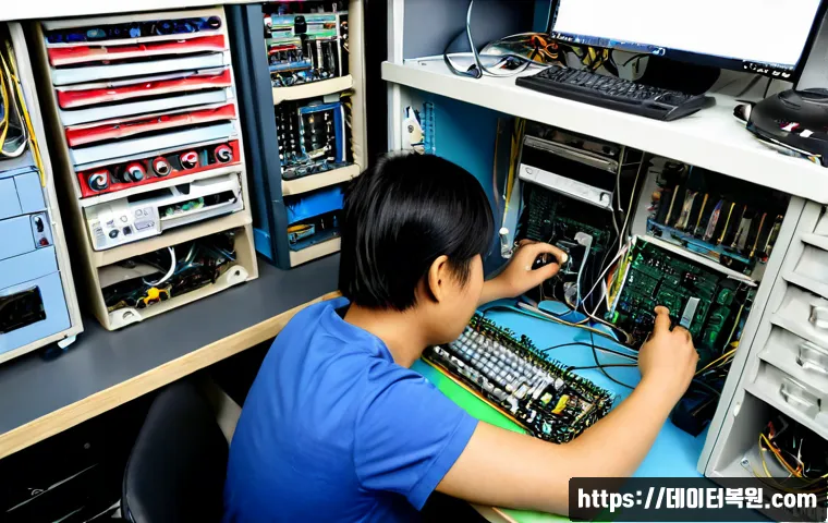 방화동 메인보드조립 및 교체수리 - Photorealistic electronics repair workstation in Banghwa-dong, technician carefully seating a new mo...