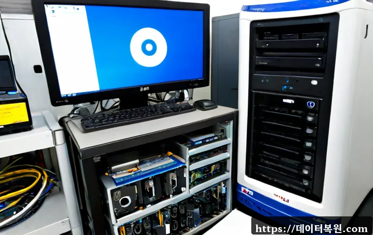 황학동 UNMOUNTABLE_BOOT_VOLUME - Photorealistic computer repair workstation in a compact Hwanghak-dong electronics-market workshop, d...