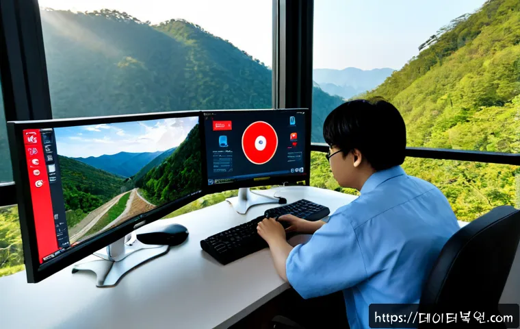 곤지암 STATUS_RESOURCE_NOT_OWNED - Photorealistic remote-support workstation in a quiet Gonjiam hillside office, dual monitors showing ...