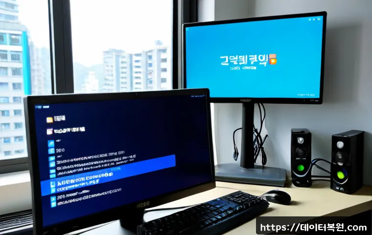 원당동 BAD_SYSTEM_CONFIG_INFO - Photorealistic IT support workstation in a compact Wondang-dong office, desktop monitor showing a bl...