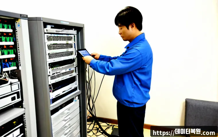 석관동 파일서버출장방문수리점 - Photorealistic IT technician repairing a compact rack-mounted file server in a quiet Seokgwan-dong a...