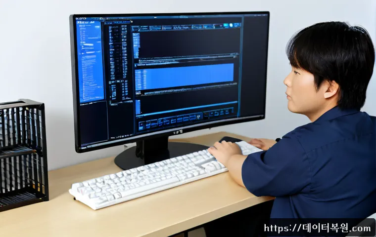 광명동 BAD_SYSTEM_CONFIG_INFO - Photorealistic IT support workstation in a modern Gwangmyeong apartment office, desktop monitor show...