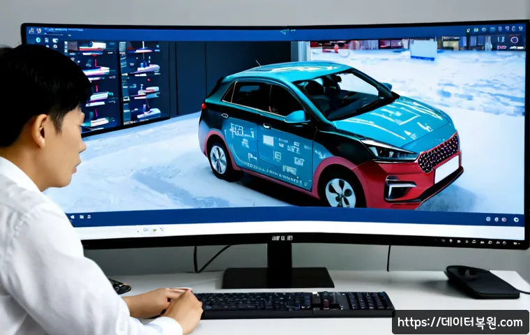 주자동 STATUS_DATATYPE_MISALIGNMENT - Photorealistic automotive engineering workstation, dual monitors showing a complex unbranded 3D vehi...