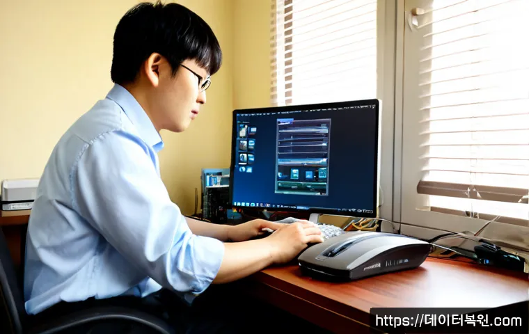 구의동 IO_DEVICE_ERROR - Photorealistic IT support workstation in a compact Guui-dong office, technician reconnecting an exte...