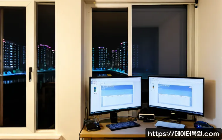 동산동 STATUS_KERNEL_FILE_SYSTEM_ERROR - Photorealistic IT support workstation in a compact Dongsan-dong office, dual monitors showing abstra...