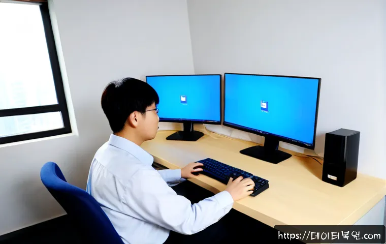 장위동 DRIVER_IRQL_NOT_LESS_OR_EQUAL - Photorealistic IT support workstation in a compact Jangwi-dong apartment office, dual monitors with ...
