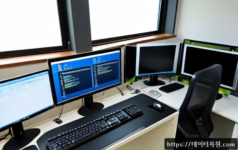 주성동 네트워크구축 설정 및 세팅오류해결 - Photorealistic Korean office workstation during network infrastructure setup, IT technician connecti...