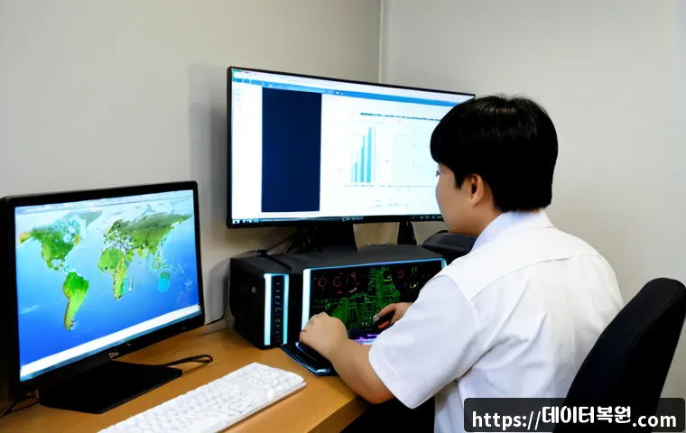 동작구 악성코드 바이러스 - Photorealistic IT support workstation in a compact Dongjak-gu office near a riverside residential di...