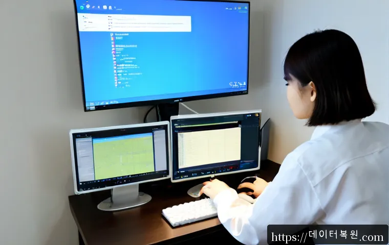 천호동 BAD_SYSTEM_CONFIG_INFO - Photorealistic IT support workstation in a compact Cheonho-dong apartment office, dual monitors show...