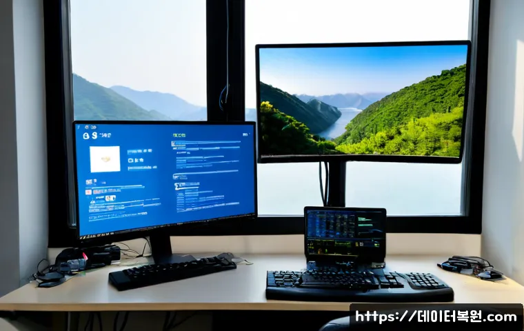 동빙고동 DRIVER_CAUSED_SYSTEM_CRASH - Photorealistic IT support workstation in a quiet Dongbinggo-dong apartment office, dual monitors sho...