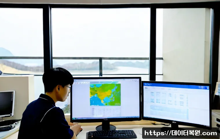 청암동 HARDWARE_INTERRUPT_STORM - Photorealistic IT support workstation in Cheongam-dong, dual monitors showing a clean hardware diagn...