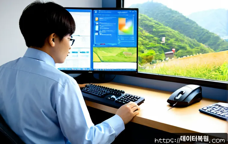 교북동 FAT_FILE_SYSTEM - Photorealistic remote IT support workstation in a compact Korean office near a quiet hillside neighb...