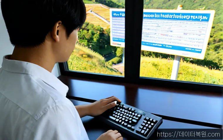 목현동 press  f4  key - Photorealistic remote-support workstation in a quiet hillside neighborhood, an IT technician pressin...