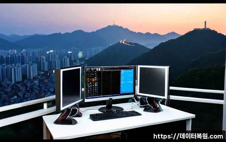 충신동 본체 꺼졌다 켜졌다 할때 - Photorealistic desktop tower repeatedly restarting beside a dual-monitor CAD workstation, blank geom...