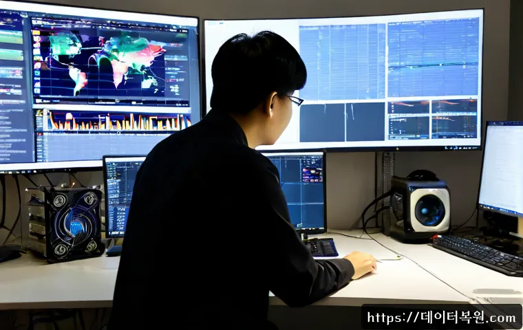 중구 HARDWARE_INTERRUPT_STORM - Photorealistic IT support workstation in central Seoul, a desktop tower opened beside multiple monit...
