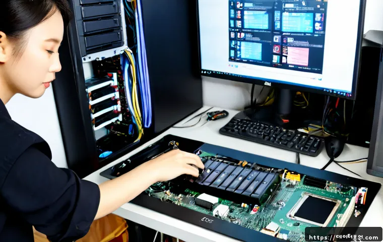 은평구 부팅불가 - Photorealistic PC repair workstation in Eunpyeong, Seoul, featuring a silent black desktop tower tha...