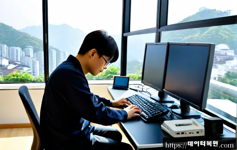 체부동 네트워크구축 설정 및 세팅오류해결 - Photorealistic IT technician configuring a compact office network workstation, desktop monitor showi...